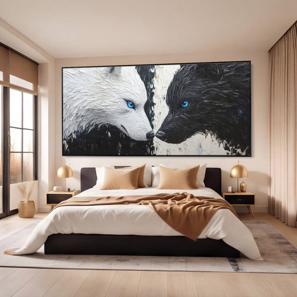 Tablou canvas cu tablou canvas cu doi lupi, in rama de aluminiu negru, pe perete intr-un dormitor